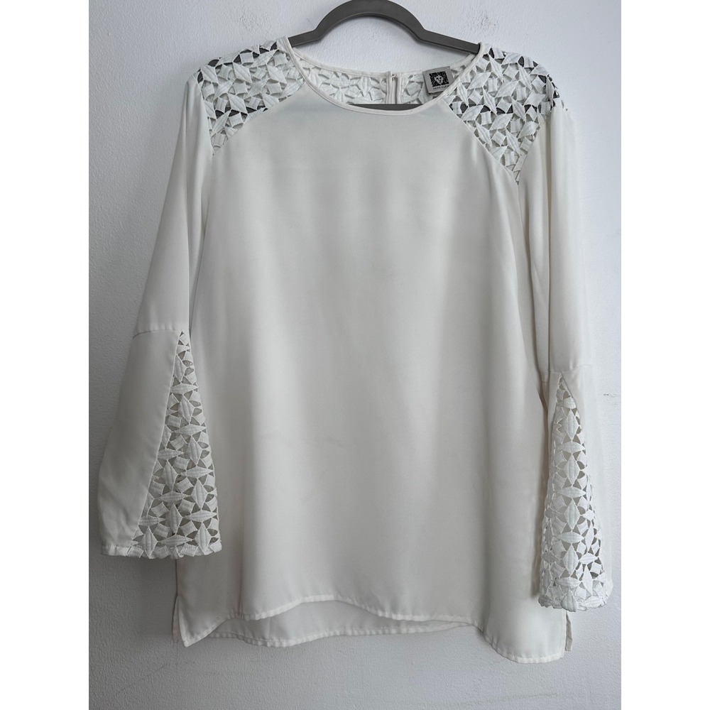 Anne Klein Ivory Crochet Lace Shoulder Bell Sleeve Blouse LG Boho Chic Feminine